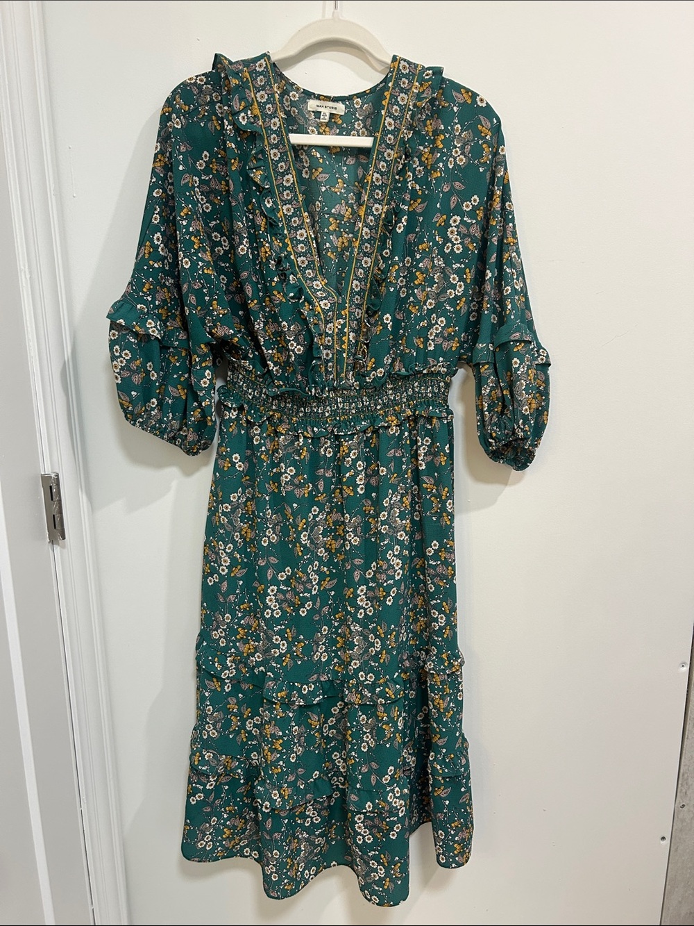 Max Studio Teal Floral Smocked Midi Dress women’s Size X-Large